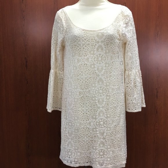 American Eagle Outfitters S Boho Dress Bell Sleeve Romantic Crochet Lace Creme - Picture 2 of 10